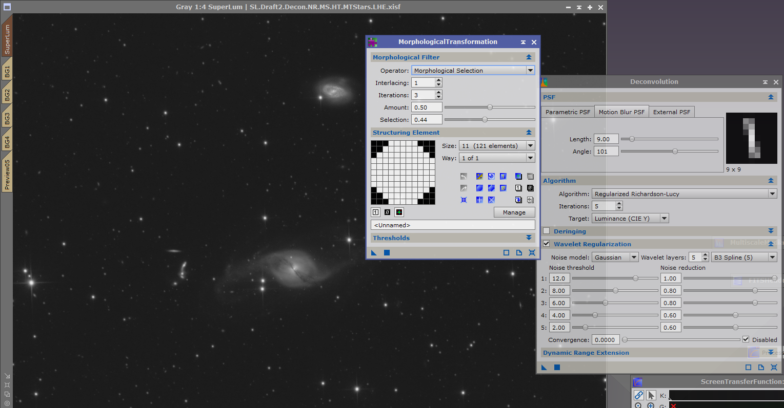 Reduce star size/intensity with a contours based star mask and Morphological Selection; Sharpen star cores with Motion Blur deconvolution