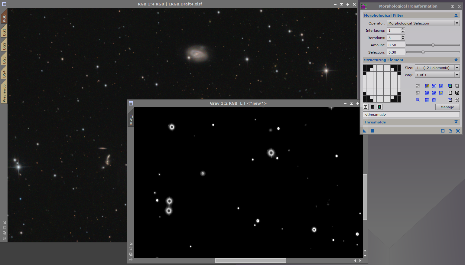 Reduce star size/intensity with a contours based star mask and Morphological Selection